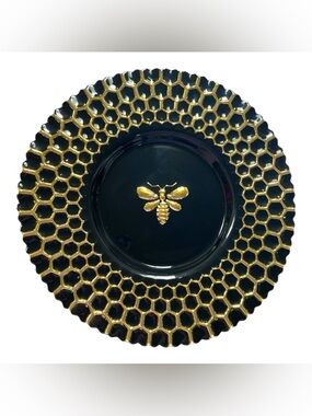 Black Gold Honeycomb Bee Charger Plate 10” Decorative Glass Metallic Finish NWT